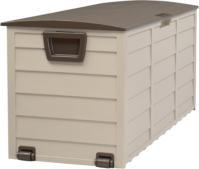 75 Gallon Brown Outdoor Storage Box with Wheels, Waterproof Resin Deck Box for Patio Cushions & Garden Tools, Rolling Garden Storage Bin, Weather Resistant Trunk