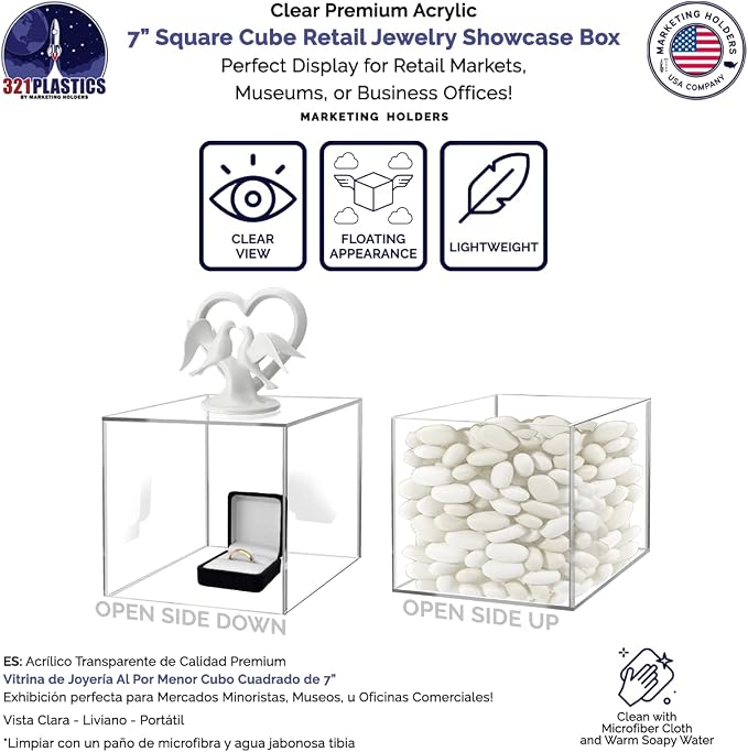 7 Inch Acrylic Display Riser Box with One Open Side No Lid Versatile Clear Square Plexiglass Retail Product Platform and Merchandise Storage Bin No Assembly by Marketing Holders