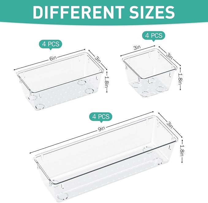 9 Pack Clear Drawer Organizer Set, Drawer Storage Trays, Storage Bins | Acrylic Drawer Storage Trays, Storage Bins for Makeup, Cosmetics, Jewelries, Utensils, Gadgets, Office