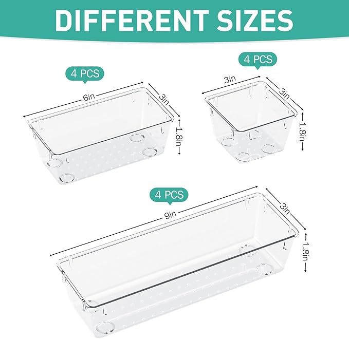 12 Pack Clear Drawer Organizer Set, Drawer Storage Trays, Storage Bins | Acrylic Drawer Storage Trays, Storage Bins for Makeup, Cosmetics, Jewelries, Utensils, Gadgets, Office