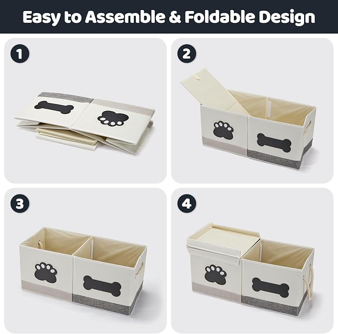 Dog Toy Basket Foldable Pet Toy Box Storage Bin with Lid, 21.7×9.8×9.8" | 34L Collapsible Box,Fabric Dog Storage Box with Handle,Name Label and Fexible Divider, Organizer for Living Room, Beige