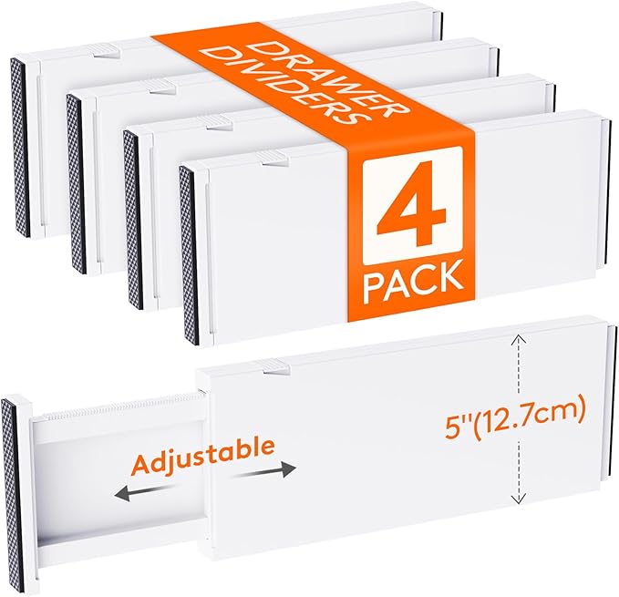 Lifewit 5" Tall Upgrade Drawer Dividers, Adjustable Deep Drawer Organizer | 13.5"-22" Expandable White Drawer Separator for Clothes, Dresser/Kitchen/Closet/Bedroom/Office Organization & Storage, 4 Pack