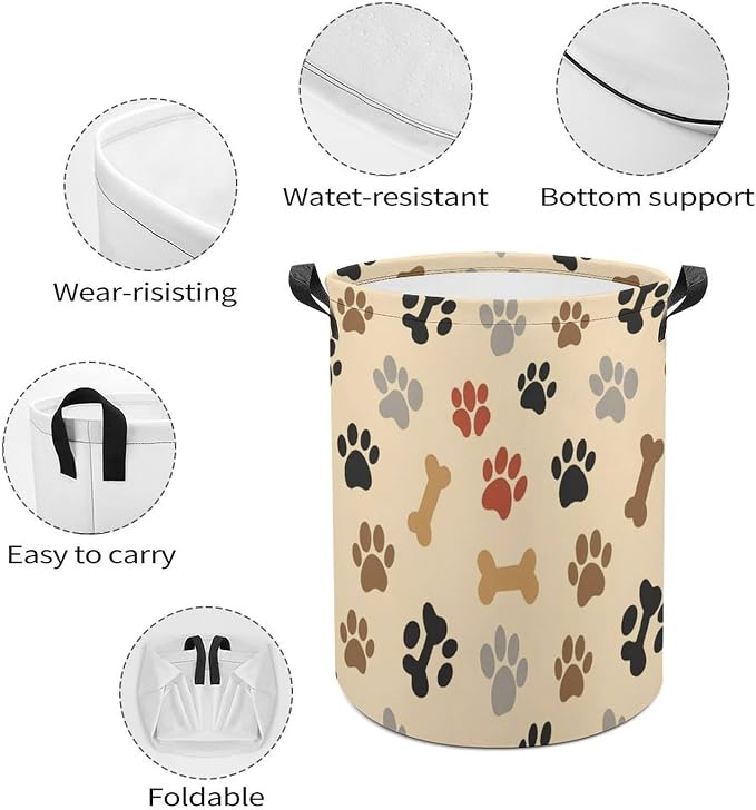 Large Capacity Foldable Hamper Dog Bone Paw Prints Cream, Waterproof Laundry Basket with Handles for Bedroom, Bathroom, and Clothes Storage