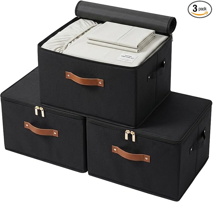 Tuza 3 Pack Foldable Storage Bin with Lid, Heavy-Duty Fabric Storage Box with Reinforced Handles, Collapsible Closet Organizer for Clothes, Bedding, Wardrobe & Bedroom Organization(Black, 42L)