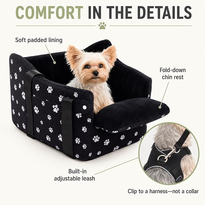 Center Console Dog Car Seat Safe Travel for Small Dogs Under 15 lbs Detachable Washable Pet Carrier with Storage Pockets & Safety Leash,Black
