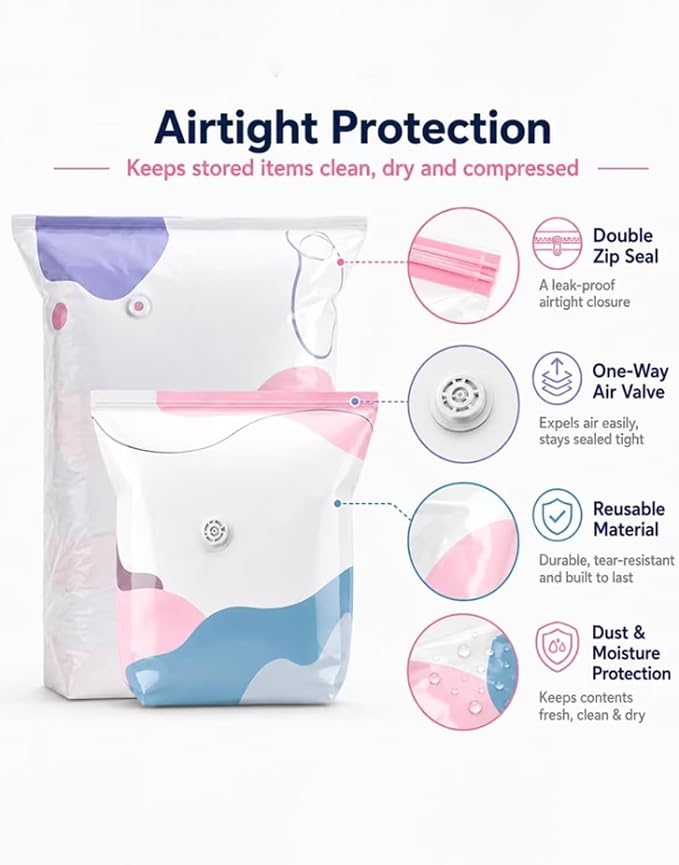 No Pump Vacuum Storage Bags, Heavy Duty Space Saver Bags for Bulky Bedding and Clothes, Press and Seal Compression Bags, No Pump Needed For Dorm And Home Organizing & Packing