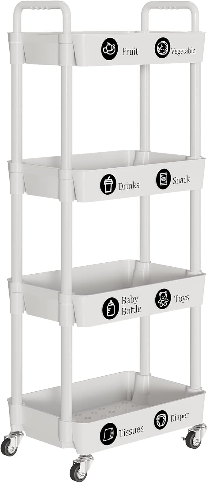 Laiensia 4-Tier Storage Carts,Multifunction Utility Rolling Cart Kitchen Storage Organizer,Mobile Shelving Unit Cart with Lockable Wheels for Bathroom,Laundry,Living Room,With Classified Sticker,White