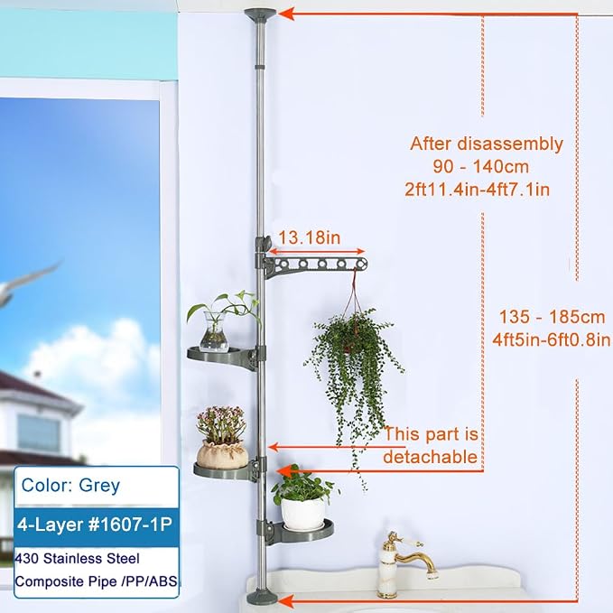 BAOYOUNI Plant Stand Tension Rod, 3 Trays+1 Arm Adjustable Grey | Window Sill Flower Display Rack, Vertical 4-Tier Corner Storage，Indoor Pole Hanger for Counter Top & Home Decor