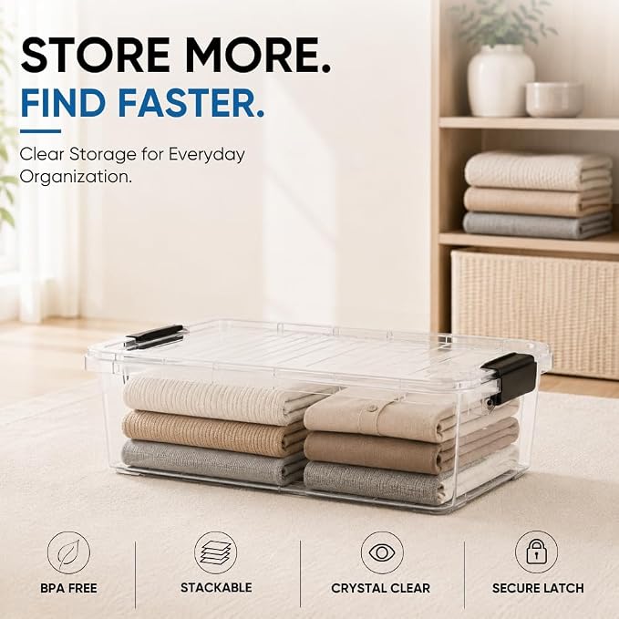 Superio 13.7 Quart Clear Plastic Storage Bin with Lid, Stackable Organizer Box, BPA-Free Storage Container for Home, Garage, School & Office, 3 Pack
