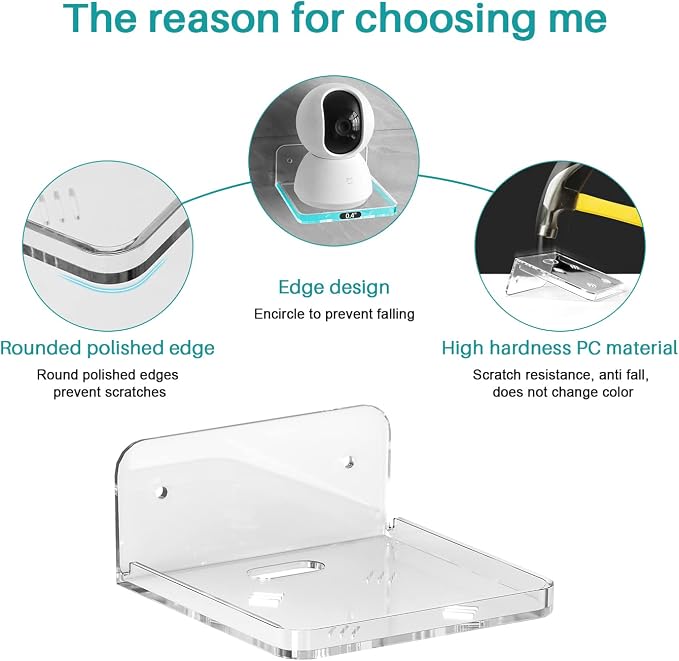 Wall Mount Floating Shelves for 2 Pcs Security Baby Camera Shelf Mini Speaker Other Small Items in Bedroom Bathroom Kitchen Living Room Clear Mini Shelf Flexible Use for Wall Space(S+L)