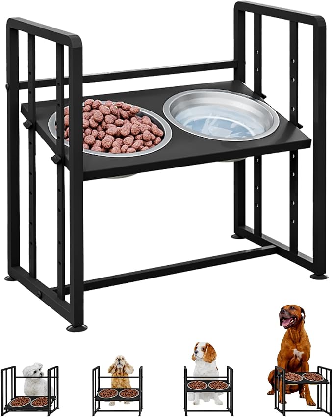 INGIORDAR Elevated Dog Bowls 4 Height Adjustable Dog Feeding Station 2 Bowl | Metal Pet Food Feeder Dish Station Non-Slip Dog Bowl Stand Stainless Steel Food Water Bowl for Medium Large Small Dogs