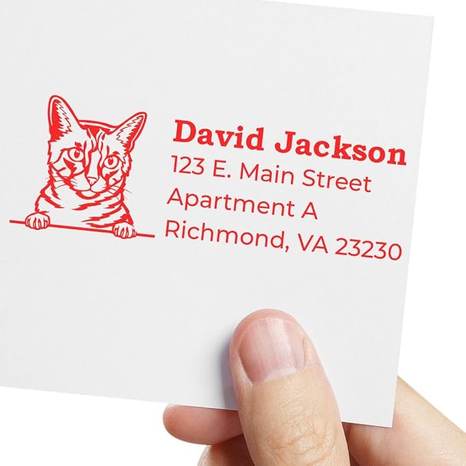 Peeking California Spangled Cat Wood Handle Address Stamp - Custom Stamper | Customised Address Stamp for Housewarming Gifts. One household per die. California Spangled Cat Stationery Stamp Custom.
