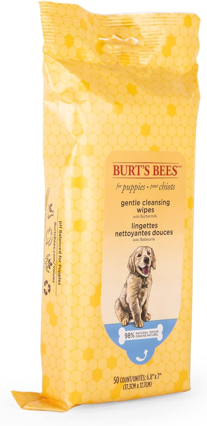 Burt’s Bees for Pets Gentle Cleansing Puppy Wipes with Buttermilk - Hypoallergenic, 98% Natural Origin Wipes That Gently Cleanse and Condition, Safe Formula, 50 Count