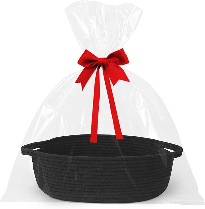 Small Baskets for Gifts Empty, 13"x 9"x 5" Woven Gift Basket with Bag and Ribbon, Cotton Rope Kids Dog Cat Toy Bin Box, Cute Baby Nursery Organizer, Decorative Storage with Handles (Black)