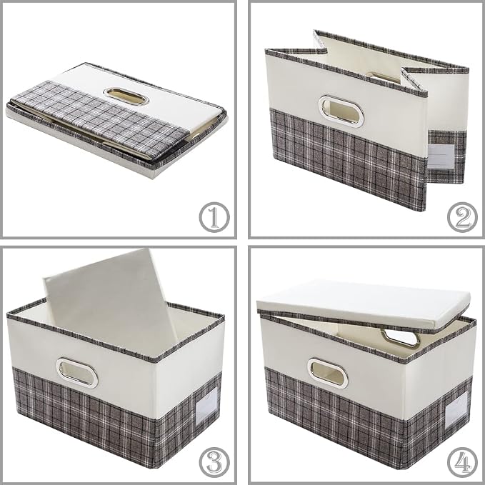Collapsible Storage Bin with Lid [3-Pack] Fabric Foldable Storage Box Organizer Container Basket Cube with Cover for Home Bedroom Closet Office Nursery Gray plaid & Cream(14.9x9.8x9.8)