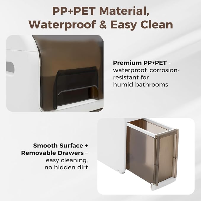Slim Bathroom Storage Cabinet with Trash Can, Narrow Movable Waterproof Bathroom Floor Cabinet with Toilet Paper Holder for Bathrooms Toilet (15.1 * 6.9 * 25.2in)