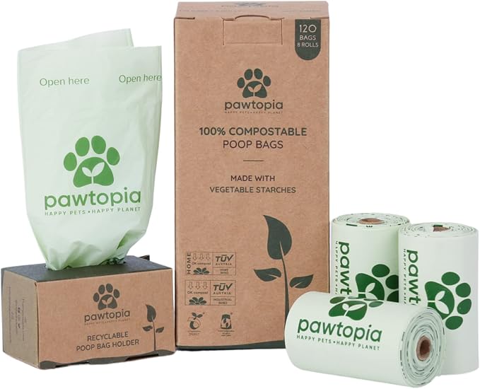 Pawtria Home Compostable Dog Poop Bags (120) with Paper Poop Bag Dispenser | 120 Compostable Dog Poop Bags with Reusable Paper Dispenser, Leak-Proof, Easy Open, TÜV AUSTRIA Certified