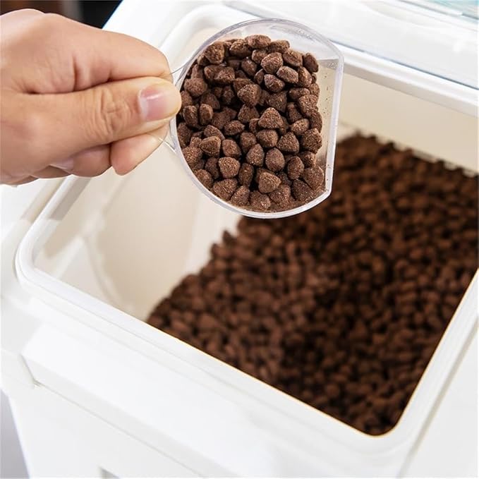 HANAMYA 32.5 Liter / 35 lbs Pet Food Storage Container with Measuring Cup, BPA free, For Dog Food | Cat Food | Rice | Grain | Flour, White & Gray, 1 count