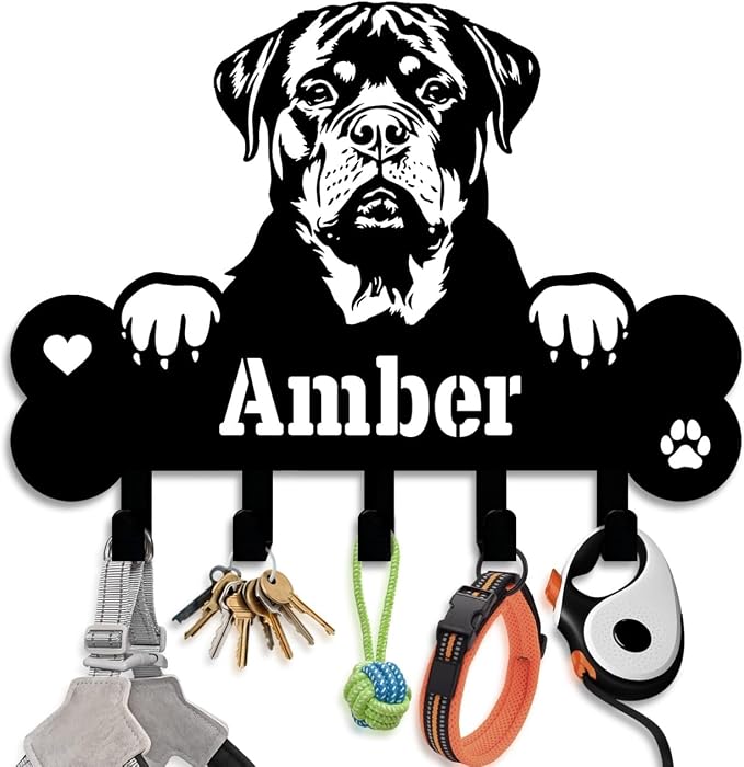 NIWAHO Dog Leash Holder Wall Mount Personalized Name - Custom Rottweiler Metal Sign with Bone Key Hooks, Pet Leash and Key Organizer for Entryway