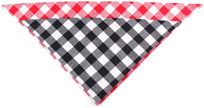 YAKA Pet Dog Bandana Triangle Bibs Scarf, Double-Cotton Plaid Printing Kerchief Set Accessories for Small and Medium Dog (Large/Neck Circumference suitable9.8-19inch, Black and White lattices)