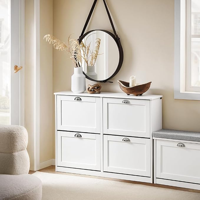 Haotian White Shoe Cabinet with 4 Flip Drawers | Large Freestanding Shoe Rack, Modern Shoe Organizer for Entryway, Hallway, Entrance FSR196-W