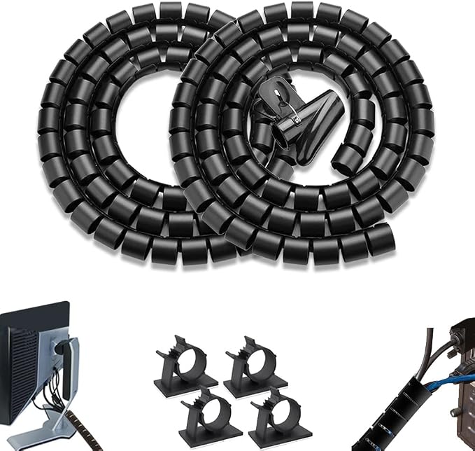 PC Cable Management Sleeve Tube Desk Cord Organizer 2 PCS Black, 7/8 inch -5 ft Cover Wrap Easy to Install Messy Wire Solution for TV Office Computer, Pet Chew and Bite Proof Cable Protector