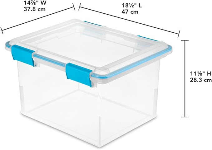 Sterilite Gasket Storage Box with Lids for Home & Office, 32 Quart, 12-Pack | Heavy-Duty, Stackable, and Organizing Containers for Bathroom, Cabinet, Closet, and Garage, Clear and Blue Aquarium Latches