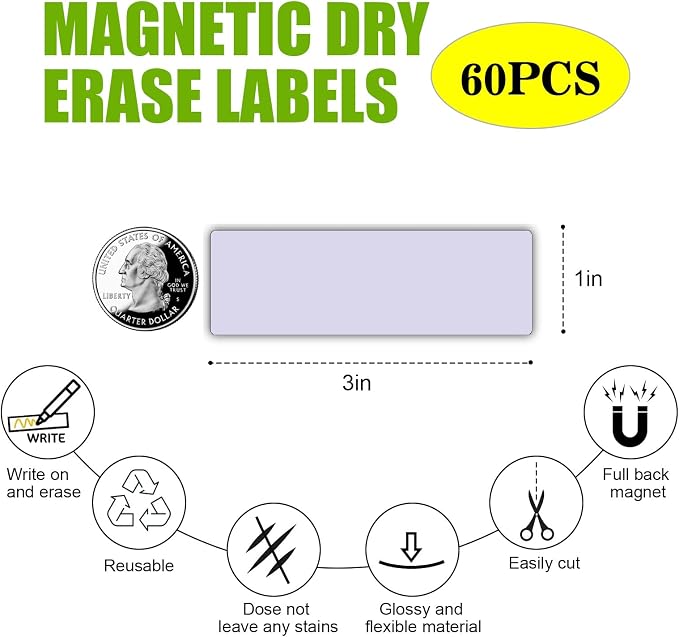 Magnetic Dry Erase Magnets Labels(1x3,Pack of 60) Reusable Name Tags,Organizing Schedules in Office/Classroom.Work on Fridge/White Board,Pastel Colors(Light Purple)