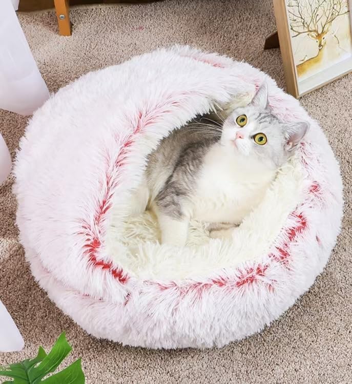 Round Fluffy Hooded Cat Bed Cave, Anti-Anxiety Cave Bed with Blanket | Hooded Cat Bed Cave, Cozy Cuddler Luxury Puppy Pet Bed, Anti-Slip Bottom and Machine Washable