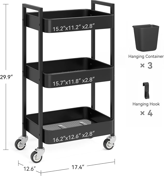 Nunsino 3 Tier Rolling Cart,Utility Cart with Locking Wheels, Hanging Cups & Hooks, Heavy Duty Metal Storage Organizer Cart for Kitchen,Office, Bathroom,Craft Room,Black