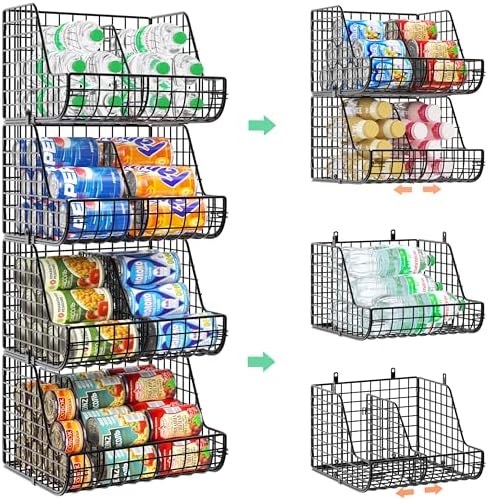Stackable Soda Can Organizer Stores Up to 72 Cans, 4-Pack Can Storage Organizer for Pantry Shelves, 4-Tier Kitchen Can Holders with 4 Adjustable Dividers, Wire Drink Organizer for Pantry Cabinet Shelf