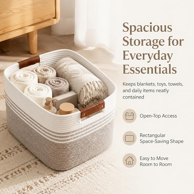 Cotton Rope Laundry Basket Small, 12.8GAL Collapsible Woven Storage Baskets for Living Room Kids Toys Stuffed Animal,Boho Rectangular Decorative Short Hamper for Dirty Clothes, Blankets White Brown