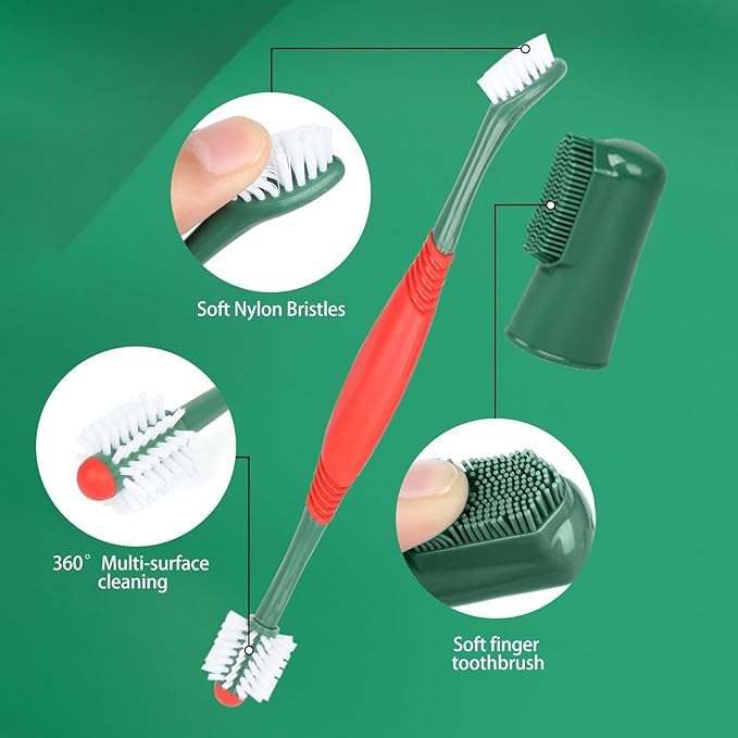 Dog Toothbrush and Toothpaste Kit Vanilla Dog Toothpaste(70g) Soft Nylon Double-Head Dog Toothbrush Green Dog Finger Toothbrush Puppy Tooth Brushing Kit Pet Dental Care Kit for Dogs and Cats