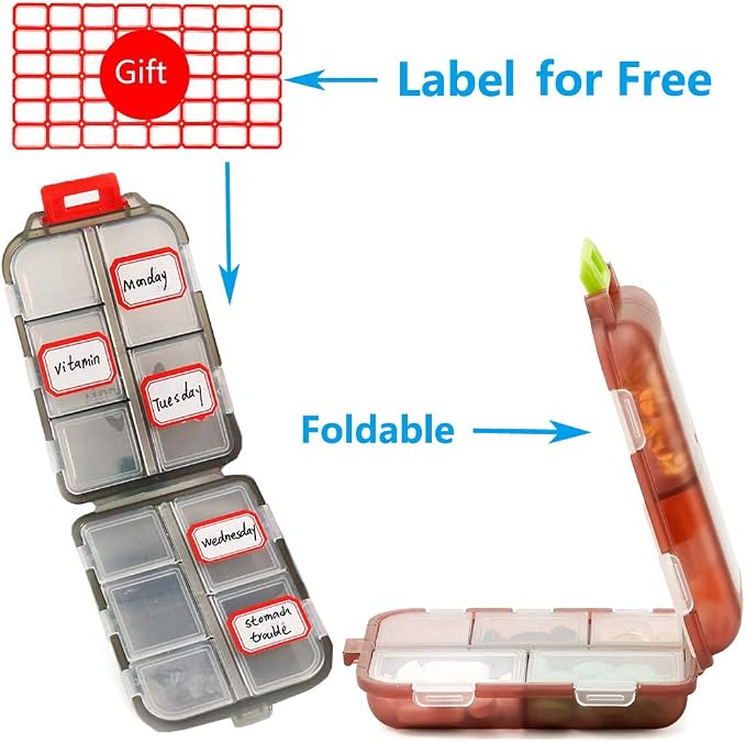 Pill Case (2 Pack) - Portable Small Supplements Tablet Container Box with 10 Compartments - Medicine Capsule Vitamin Organizer Dispenser Holder Storage for Travel Trip Pocket Purse(Pink+White)