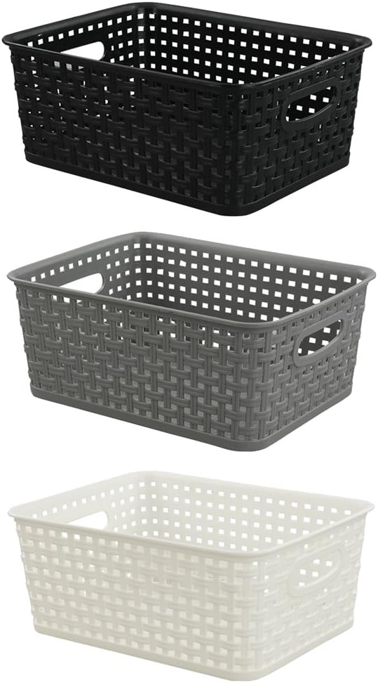 6-Pack Plastic Storage Basket, Woven Basket Bin | Breathable Woven Design, Plastic Structure, Cutout Side Handles, Ideal for Pantry, Cabinet and Office Supply Organization