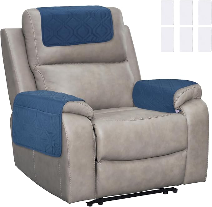 uxcell 3Pcs Sofa Armrest Covers, Armchair Covers with Side Storage Pocket Waterproof Recliner Chair Protector Anti-Slip Couch Arm Headrest Protect for Home Living Room, Dark Blue