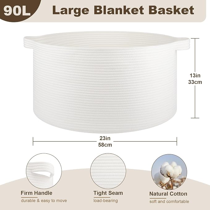 OIAHOMY 90L Extra Large Blanket Basket - Decorative Cotton Rope Storage Basket for Bedroom, Living Room & Nursery - Woven Laundry Hamper for Organizing Blankets, Clothes & Toys - White