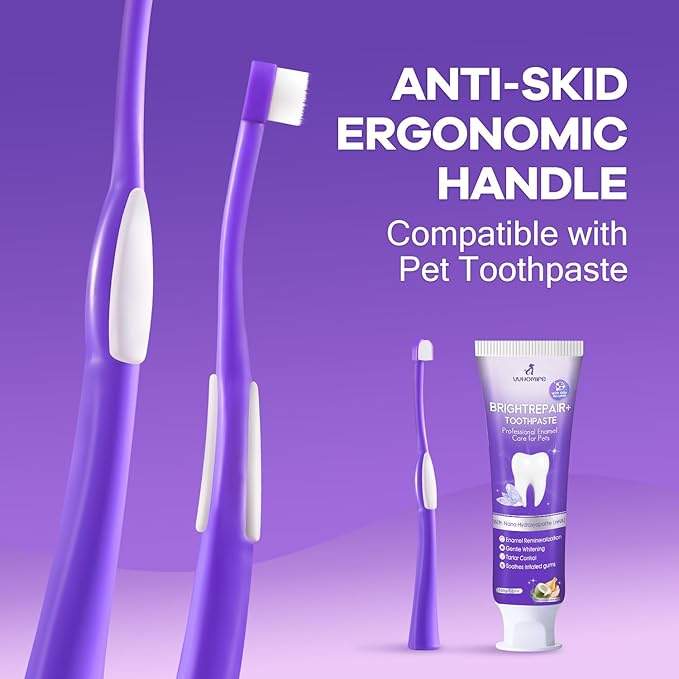 Zero-Pressure Comfort Pet Toothbrush – Ultra-Soft PBT Bristles & Hygienic Standing Base – 20° Ergonomic Grip Safe Daily Dental Care for Cats & Small Dogs, Purple