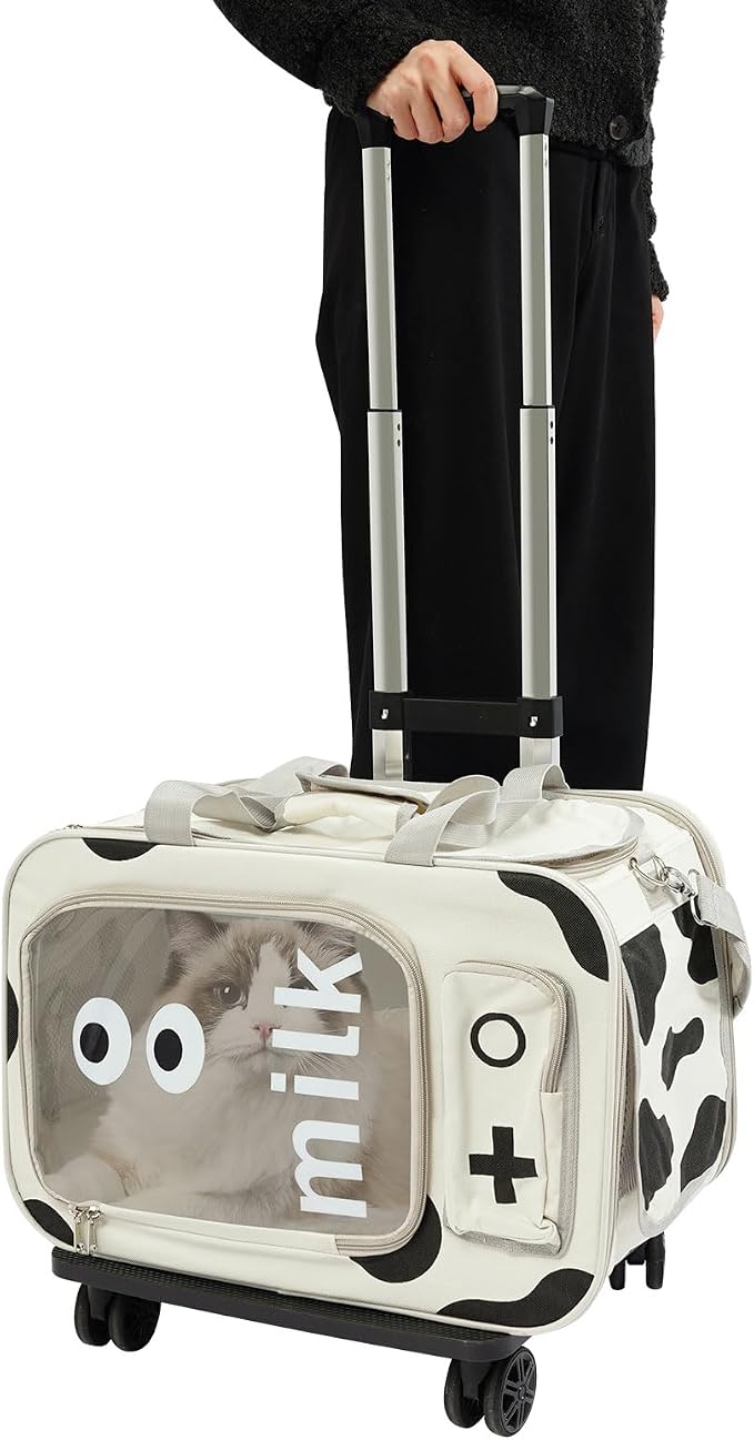 Pet Trolley Bag with Wheels & Retractable Handle, Cow Print Pet Carrier for Cats Small Dogs, Foldable Travel Carrier with Ventilation Windows, 22 Lb Capacity, Airline Approved Pet Bag
