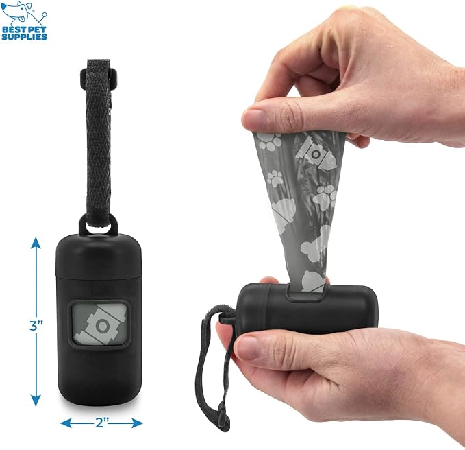 Best Pet Supplies Dog Poop Bag Holder Leash Attachment with Reusable Dispenser for Travel, Walking, Park, and Outdoor Use, Durable with Clip-On - Black, Pack of 2, Plastic Dispenser w/30 Bags