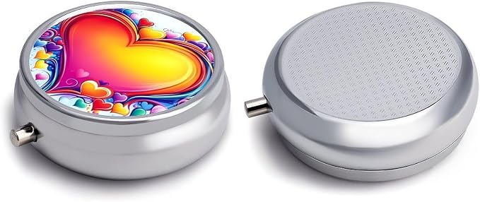Love Heart Metal Round Pill Box, 3 Compartment Travel Organizer, Portable Pill Container with Secure Latch, 2 Inch Circular Vitamin Caddy for Pills and Vitamins, Gift for Him Her Elderly