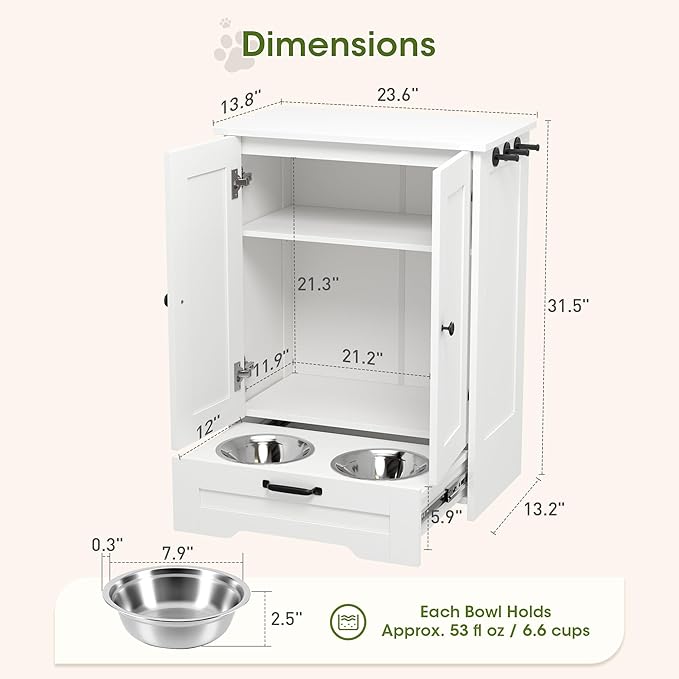 Dog Feeding Station with Storage Cabinet, White Wood Dog Cabinet with 2 Elevated Stainless Steel Bowls, Hidden Pull-Out Feeder Drawer, Pet Feeding Station for Kitchen and Living Room