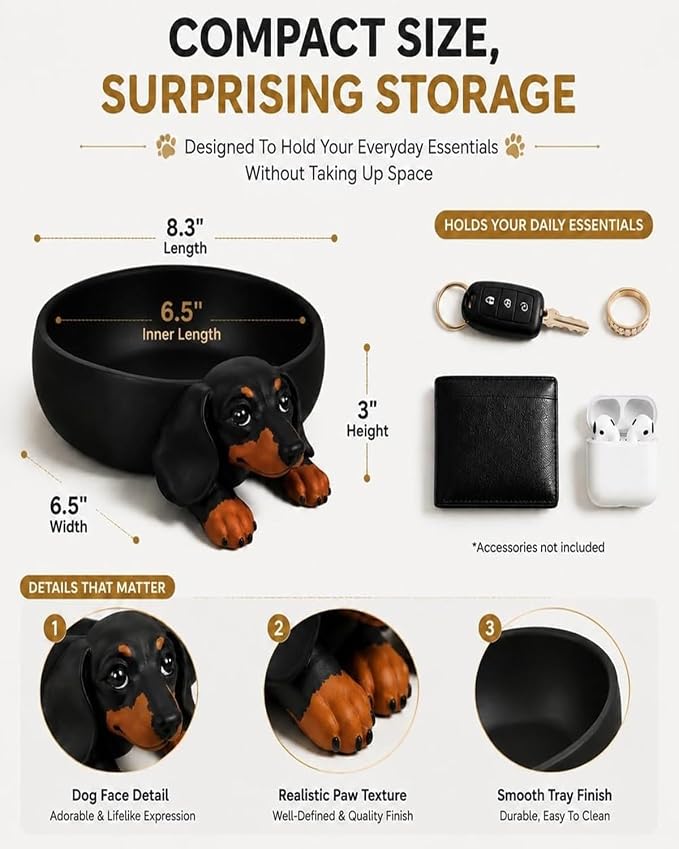 Dachshund Catch All Tray 3D Printed Decorative Dog Shaped Desk Organizer | Cute Wiener Storage Bowl Keys Jewelry Coins Trinket Candy Dish Home Decor Gift Pet Lover Entryway Nightstand(2PCS)