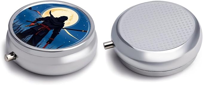 3 Compartment Medicine Pill Case, Moonlight Watercolor Style Ninja Round Pill Box, Portable Decorative Medicine Organizer for Pocket Or Purse Vitamin Organize