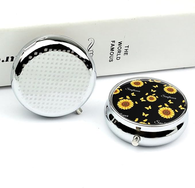 Pocket Pill Box, Beautiful Butterfly Sunflower Compact Round Dispenser, Travel Organizer for Supplements, Waterproof Case Purse Carry for Hiking