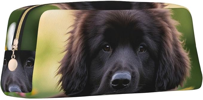 PU Leather Pencil Case Cosmetic Pencil Bags Makeup Pouch with Zipper | Cute Pet Newfoundland Dog Pen Pouch Portable Cosmetic Organizer Bag For Office Woman Man