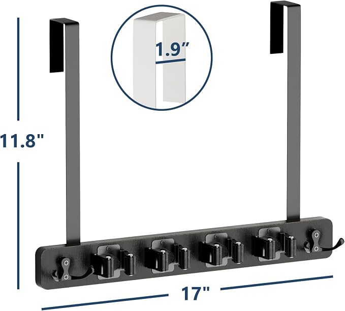 Lorbro Broom Holder Door Mount, Wood Over the Door Broom and Mop Holder | 4 Slots 4 Hooks, No Drill Setup, EVA Protection Pads, Secure Grip, Laundry Garage Closet Kitchen Use, Black