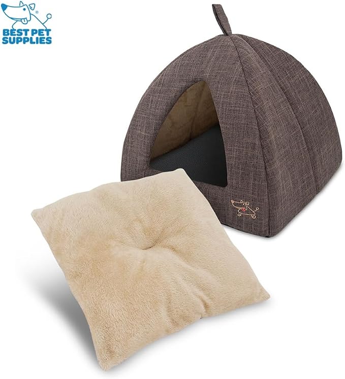 Best Pet Supplies Cat Bed for Indoor Cat, Domed Tent House with Removable Pillow, Covered Cat Cave for Small Dog, Puppies and All Breeds of Cats - Brown Linen, 16 x 16 x H:14"