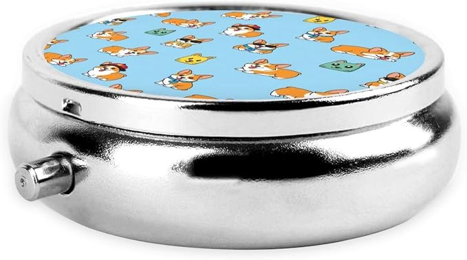 Mini Pill Box, Portable Round Organizer for Daily Vitamins, Travel Pill Case Pocket Purse Use, Waterproof Design for Men Women, Corgi Funny Dogs