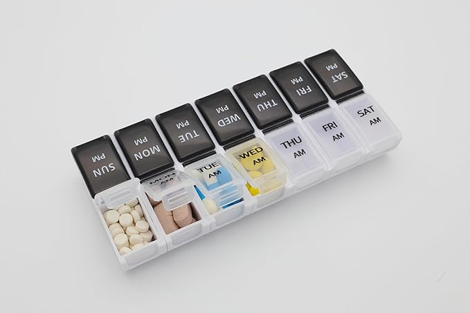 7 Day Weekly Pill AM PM Organizer, ShysTech Large Pill Case Pill Box for Pills/Vitamin/Supplements/Medication (Separable, Small Black/White) (Pack of 2)